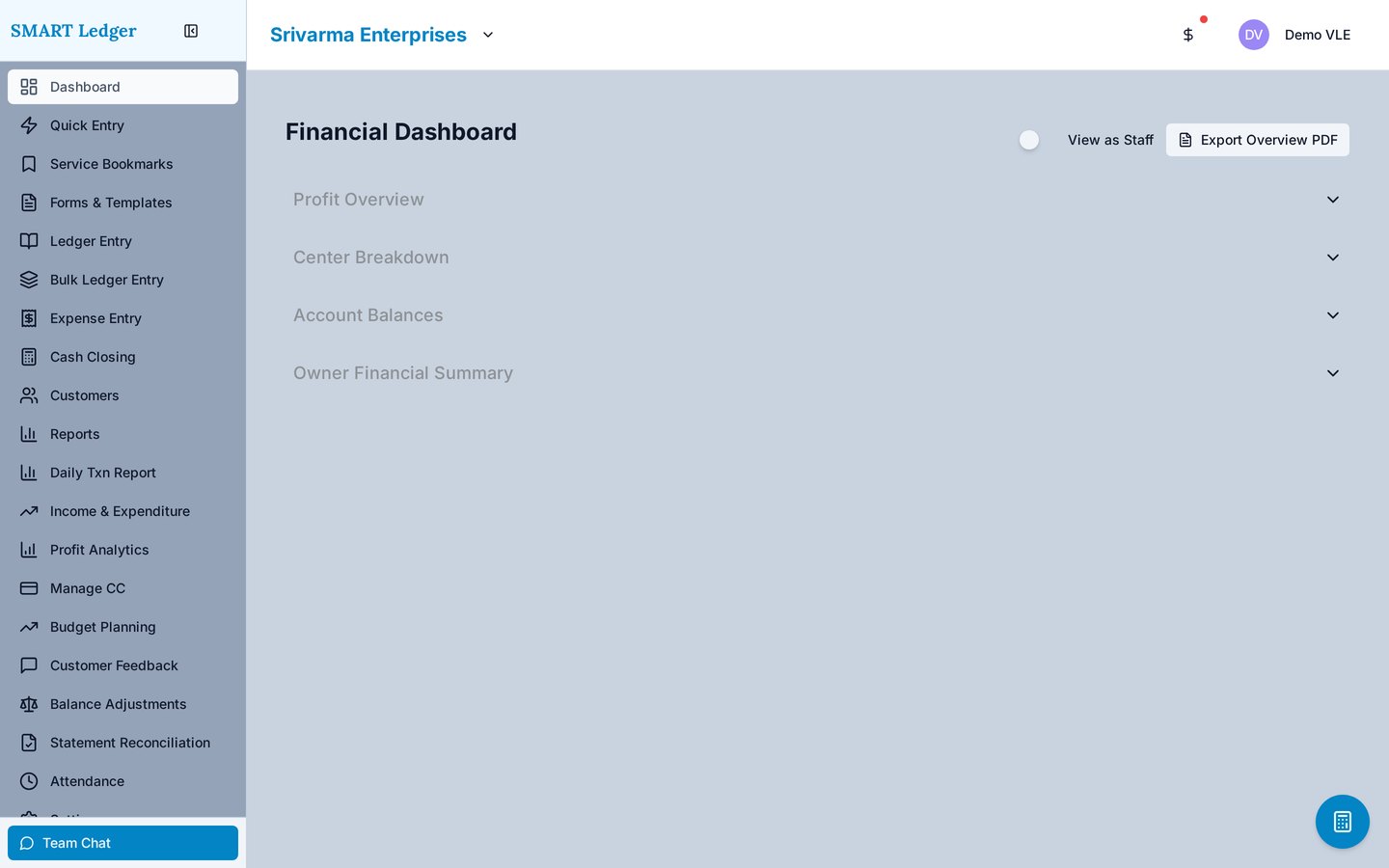 Smart Ledger Centre dashboard